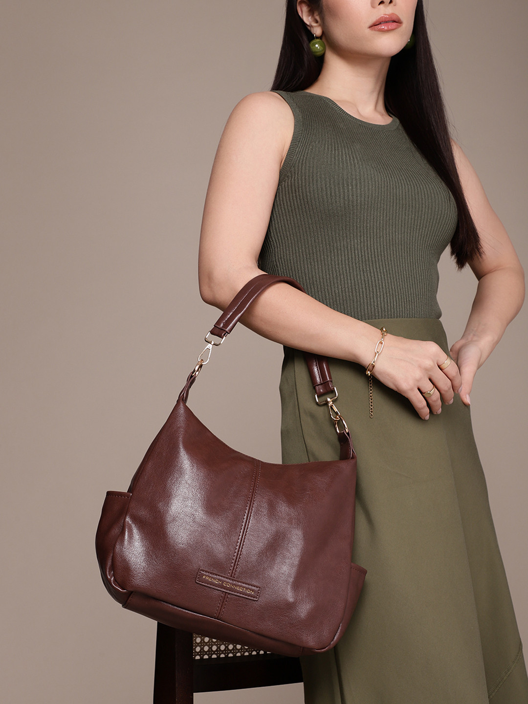 French Connection Women Brown Hobo College Shoulder Bag