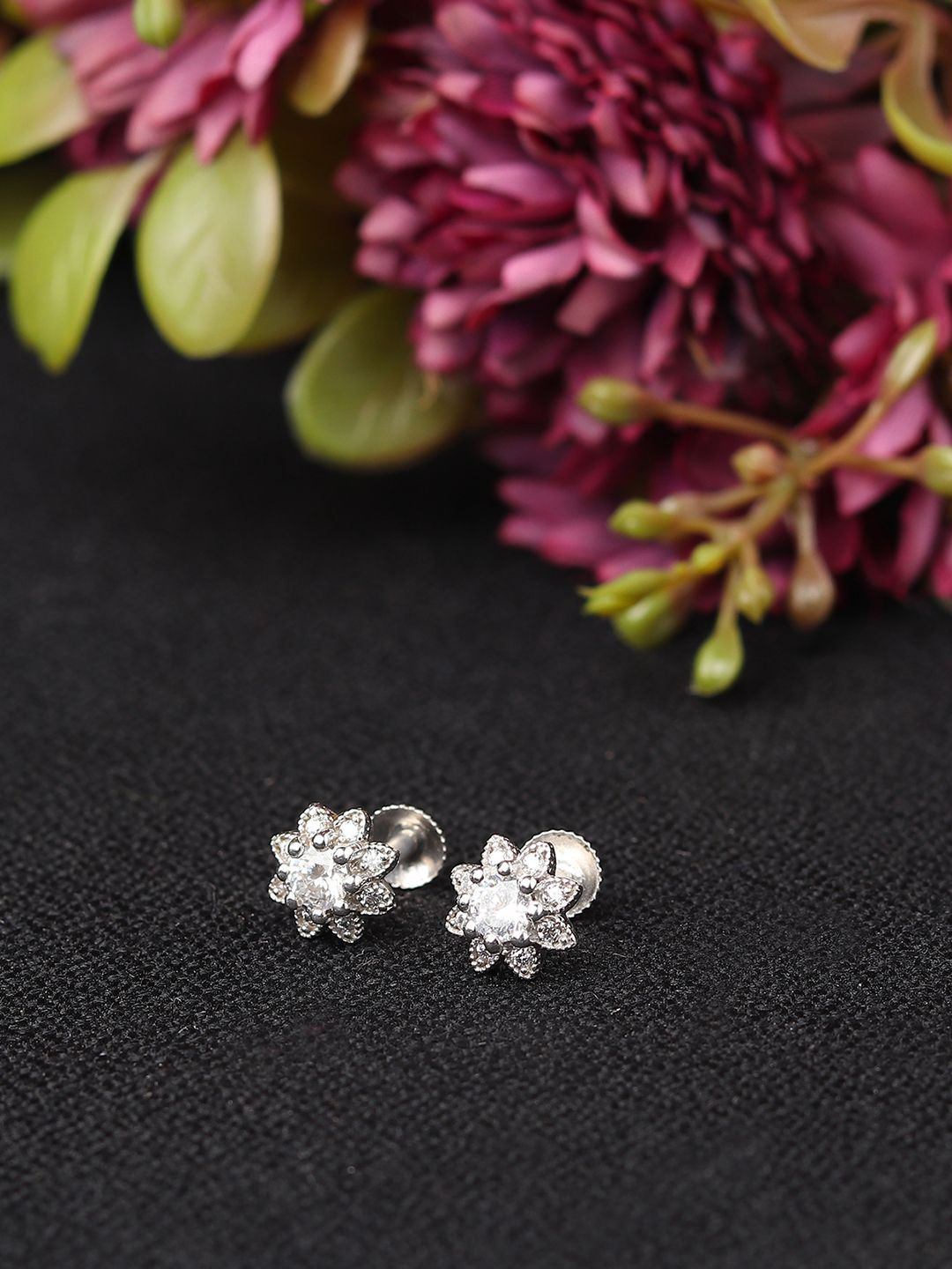 AKSHAT SAPPHIRE 92.5 Sterling Silver Rhodium-Plated CZ Studded Floral Studs Earrings