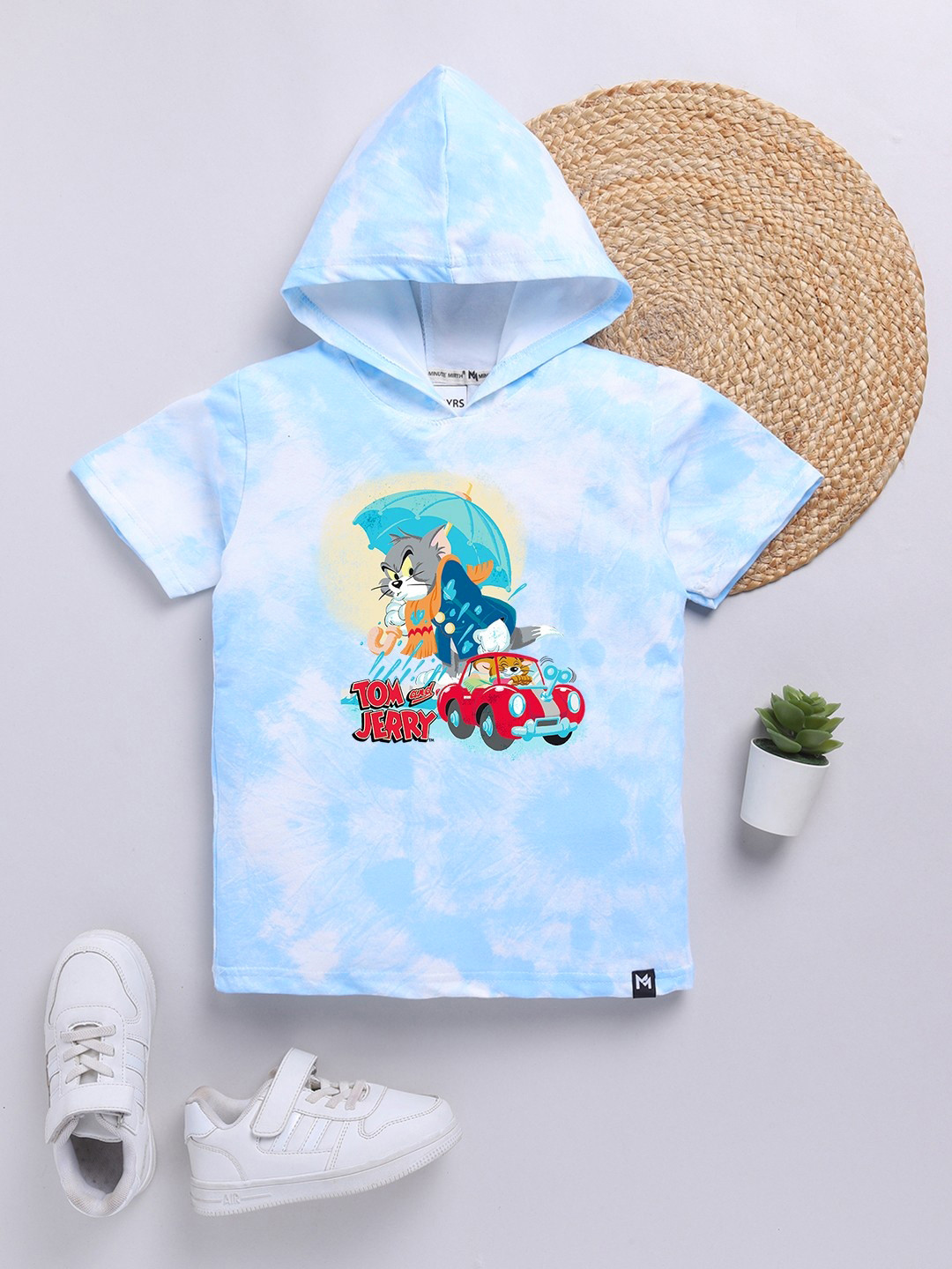 YK X Minute Mirth Boys Tie & Dye Tom & Jerry Printed Cotton Hooded T-shirt