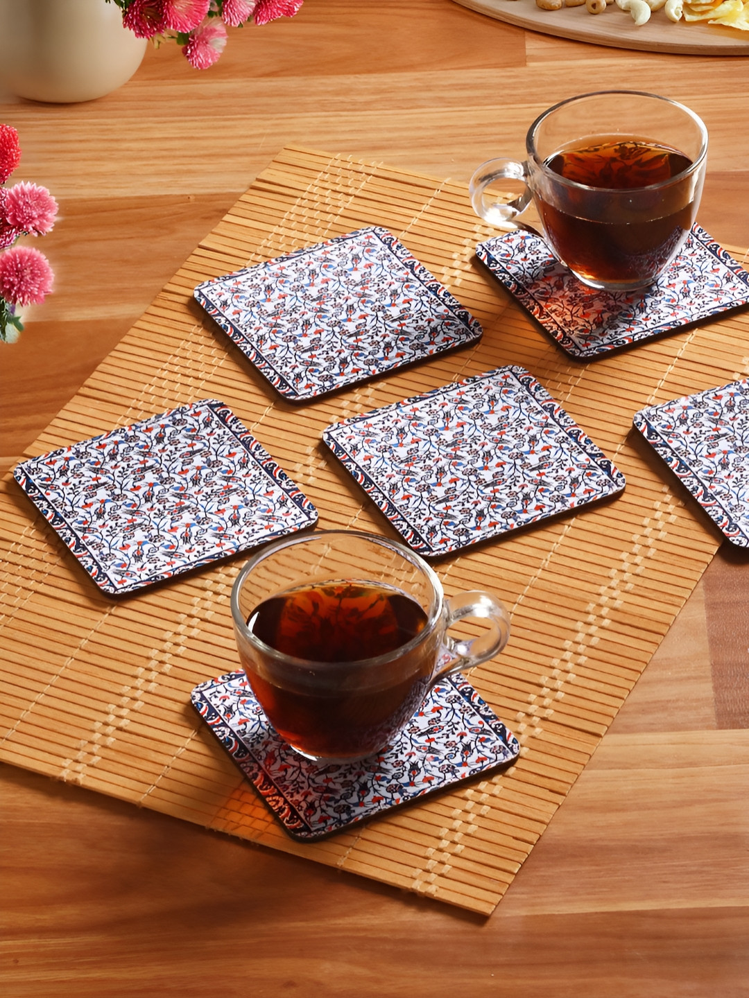 Homspurts Turkish Vintage Blue & Red 6 Pieces Printed Wooden Coasters