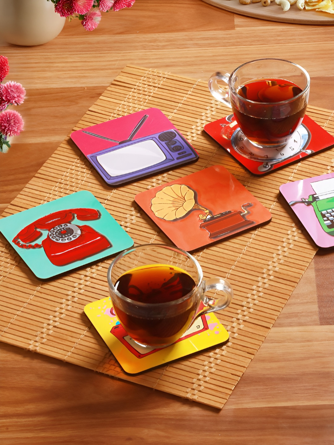 Homspurts Pink & Red 6 Pieces Retro Printed Wooden Coaster