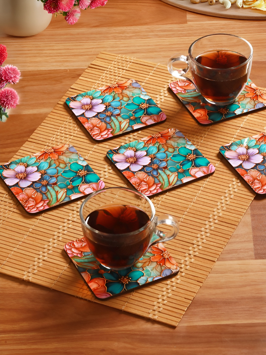 Homspurts Refreshing Nature Turquoise Blue 6 Pieces Floral Printed Wooden Coasters