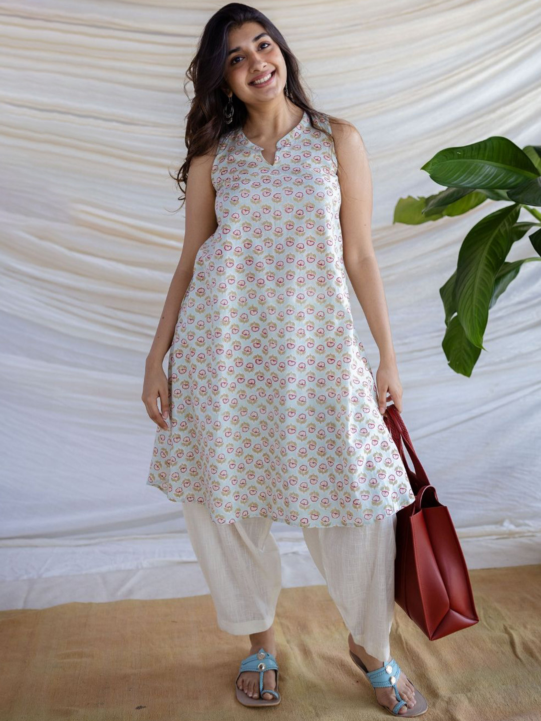 THE INDIAN ETHNIC CO Teal A-Line Sanganeri Cotton Kurta