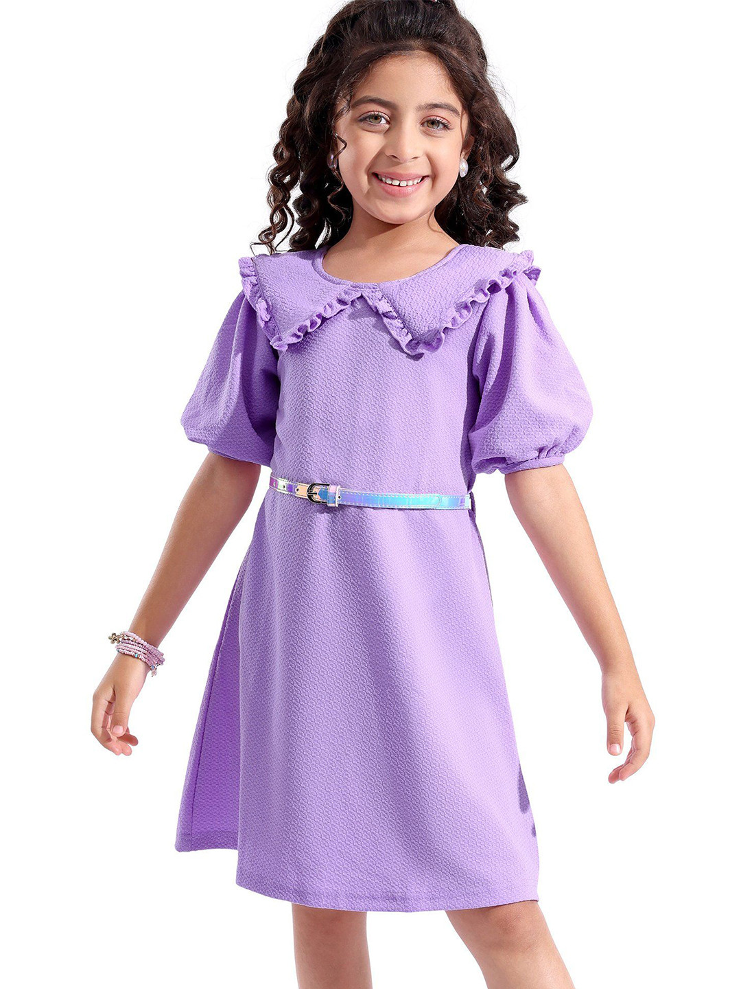 Hola Bonita GirlsTextured Ruffles A-Line Dress Comes with a belt