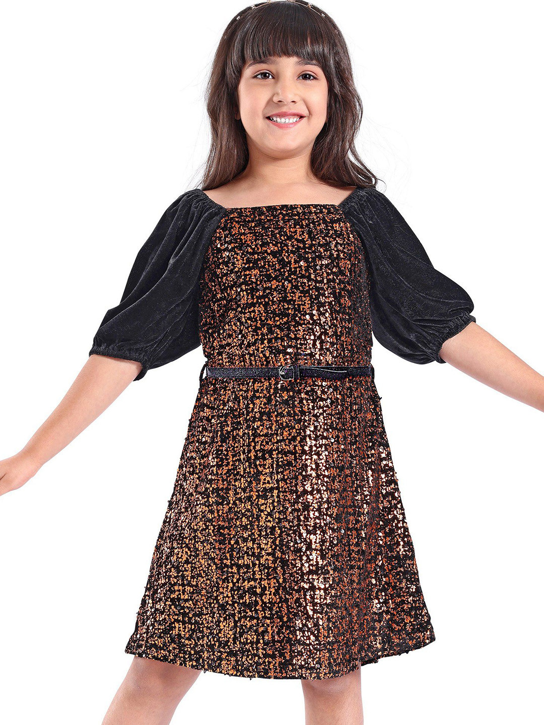 Hola Bonita Girls Embellished  Sequined Fit & Flare Dress Comes with a belt
