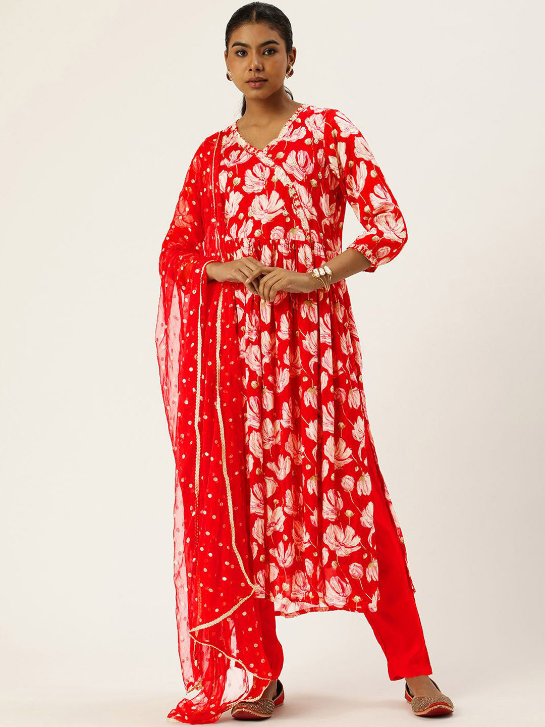 Vinya Floral Printed Three-Quarter Sleeves Angrakha Thread Work Kurta & Trouser & Dupatta