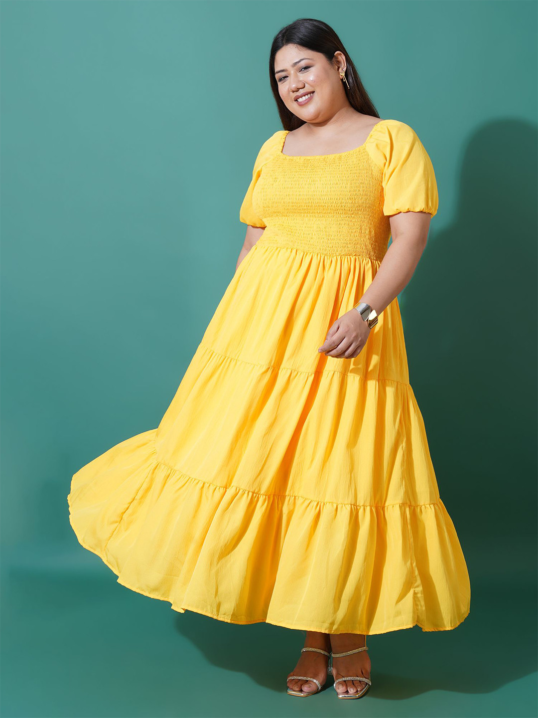 U&F Beyond Women Puff Sleeve Tiered Fit and Flare Maxi Plus Size Dress