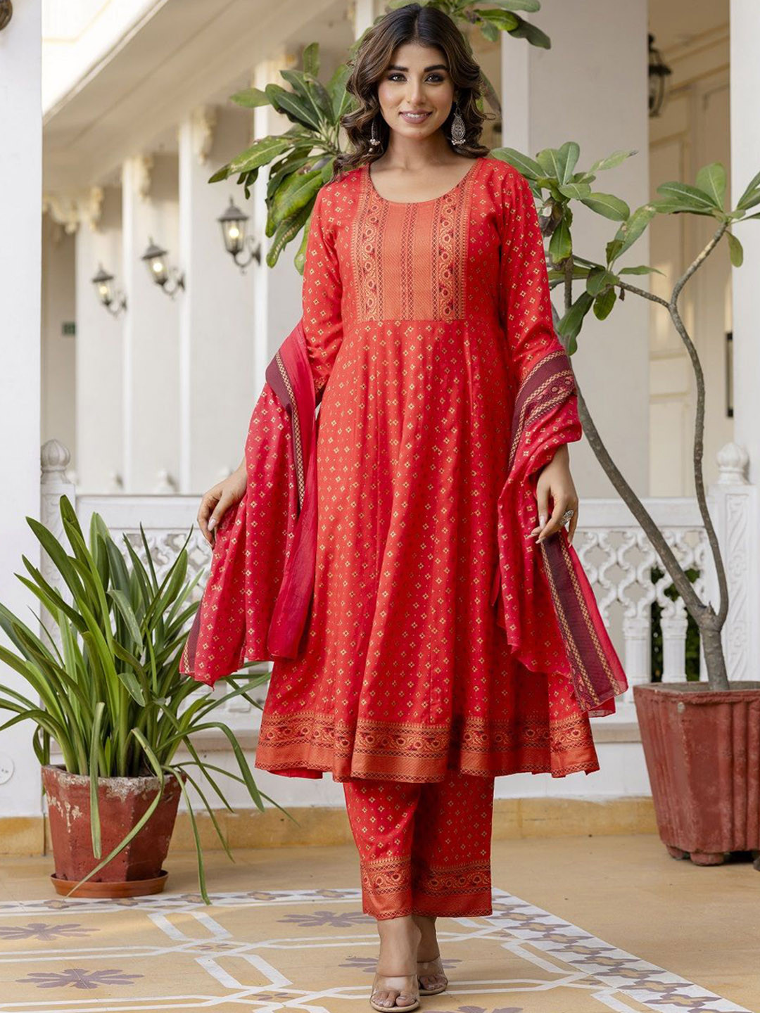 Anouk Red Floral Printed Pure Cotton Anarkali Kurta With Palazzos & Dupatta