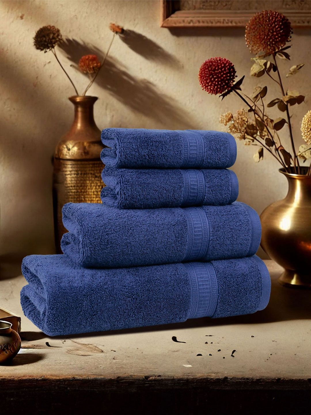 MYTRIDENT Kasturi Blue 4 Piece Cotton 500 GSM Towel Set