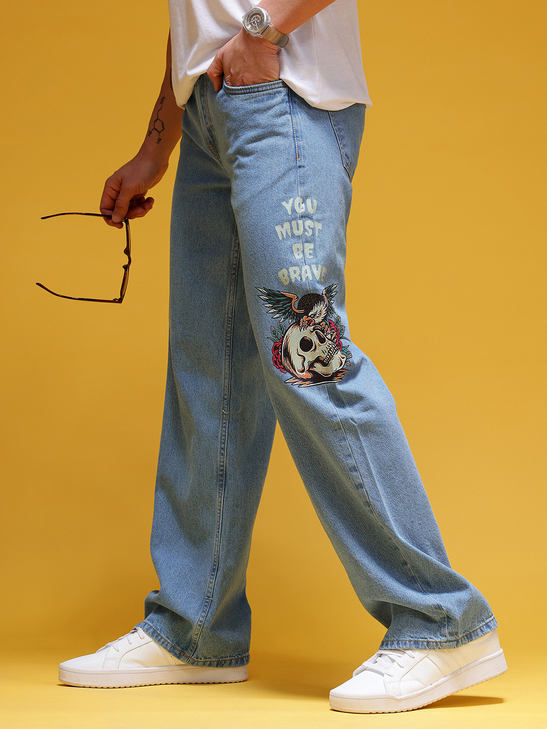 HERE&NOW Men Graphic Print Mid-Rise Pure Cotton Baggy Fit Jeans