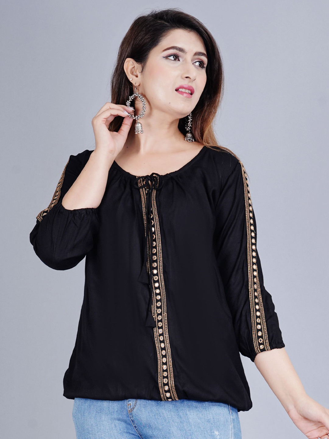 Brijam Embroidered Tie-Up Neck Top