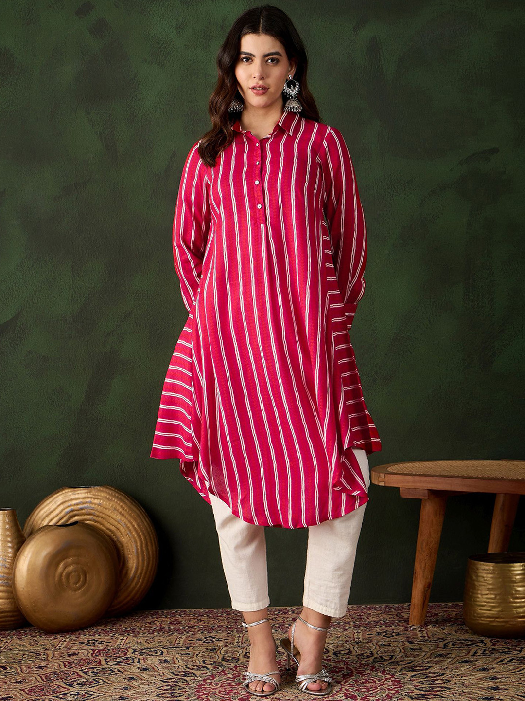 Sangria Red and White Striped Shirt Collar A-Line Asymmetric Kurta