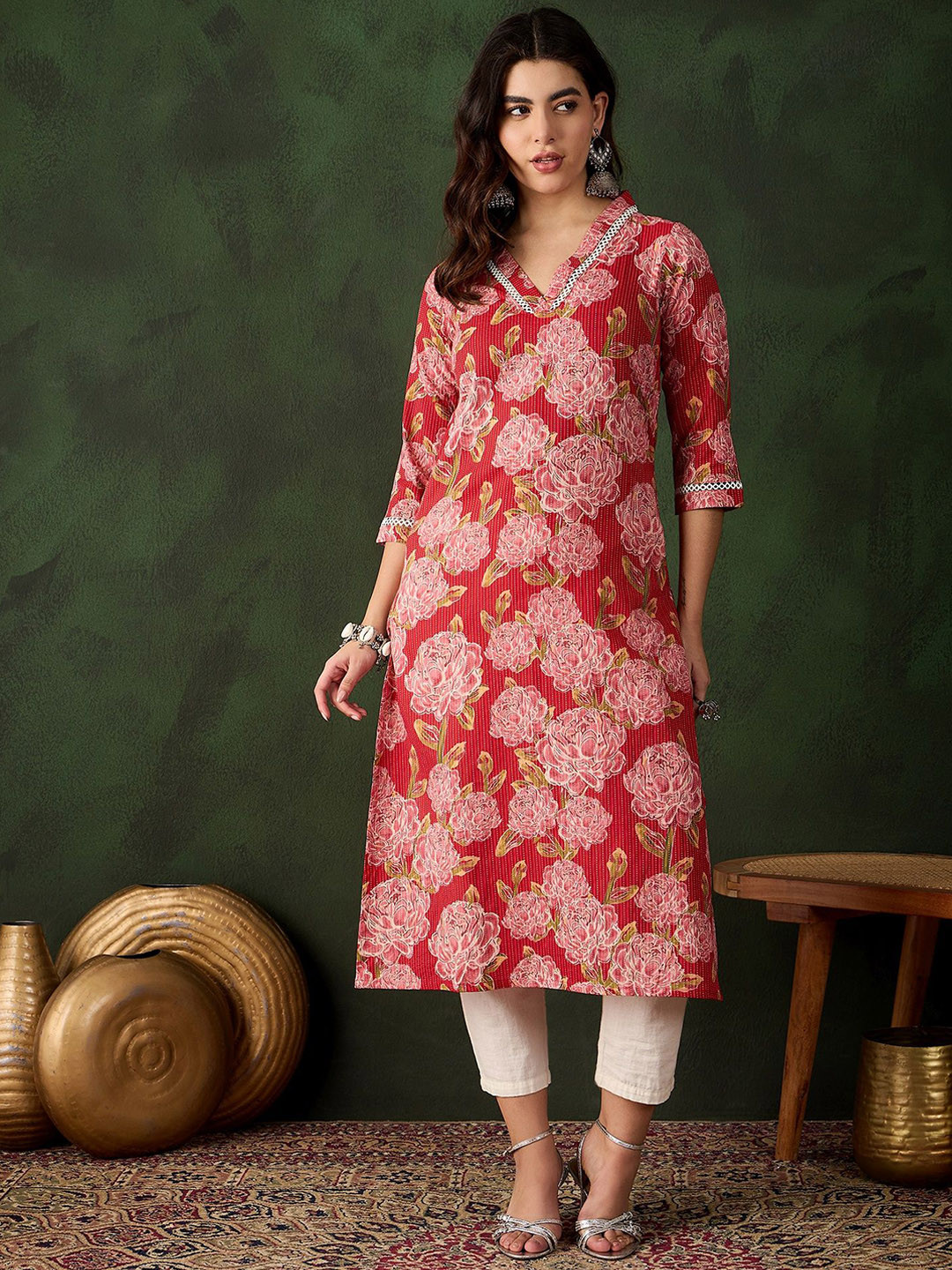 Sangria Red and Pink Floral Printed Kantha Work Pure Cotton Straight Kurta