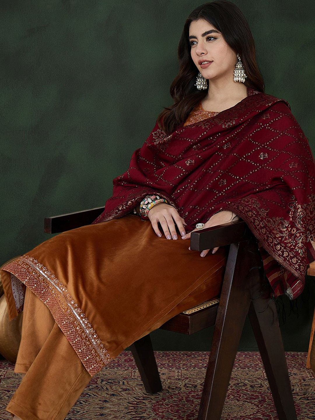 Sangria Tan Floral Embroidered Regular Sequinned Velvet Kurta & Trouser With Dupatta
