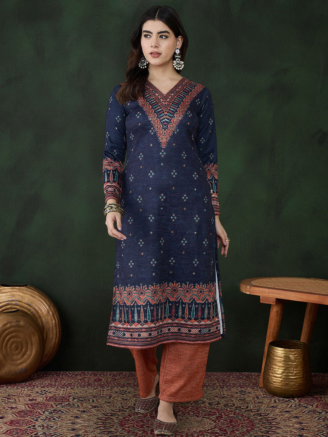 Sangria Navy Blue Ethnic Motifs Printed V-Neck Long Sleeves Kurta With Trouser
