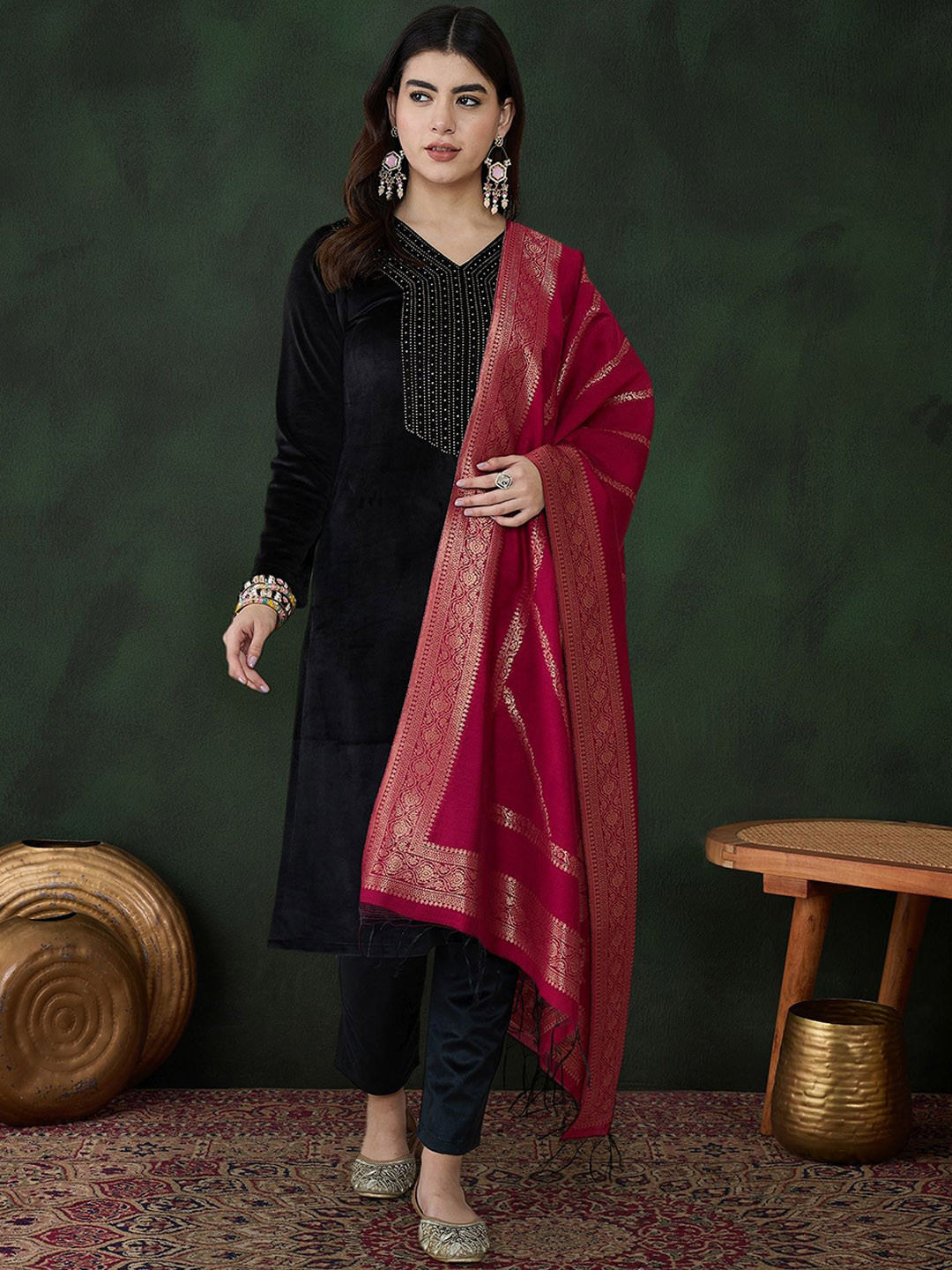 Sangria Self-Design Winter Velvet Kurta With Trousers & Dupatta