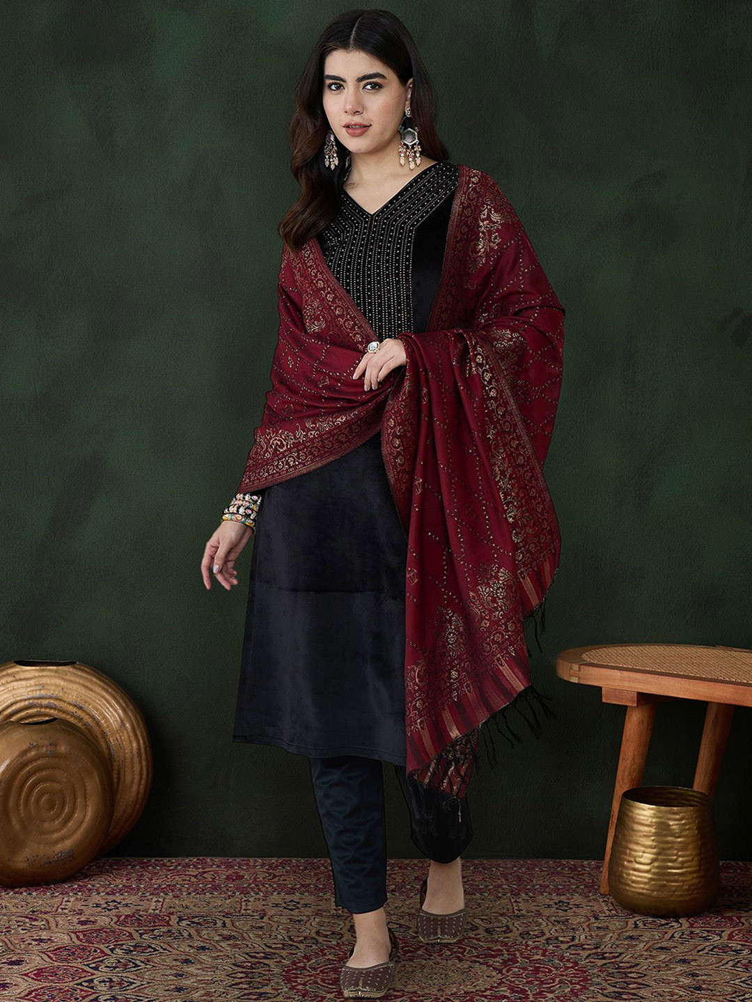 Sangria Black Geometric Yoke Design V-Neck Velvet Kurta With Trouser With Dupatta