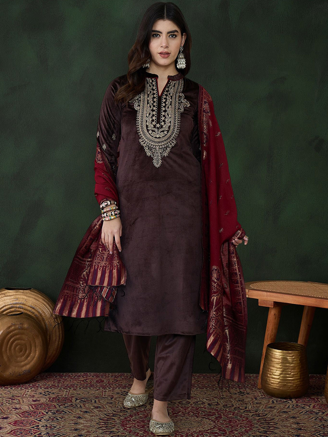 Sangria Coffee Brown Floral Embroidered Velvet Kurta With Trouser With Dupatta