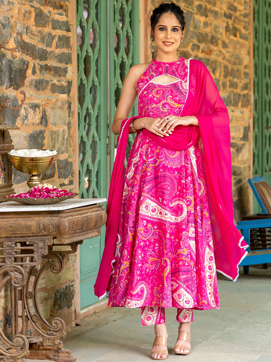 GAYRAA Paisley Printed Anarkali Pure Cotton Kurta With Trousers & Dupatta