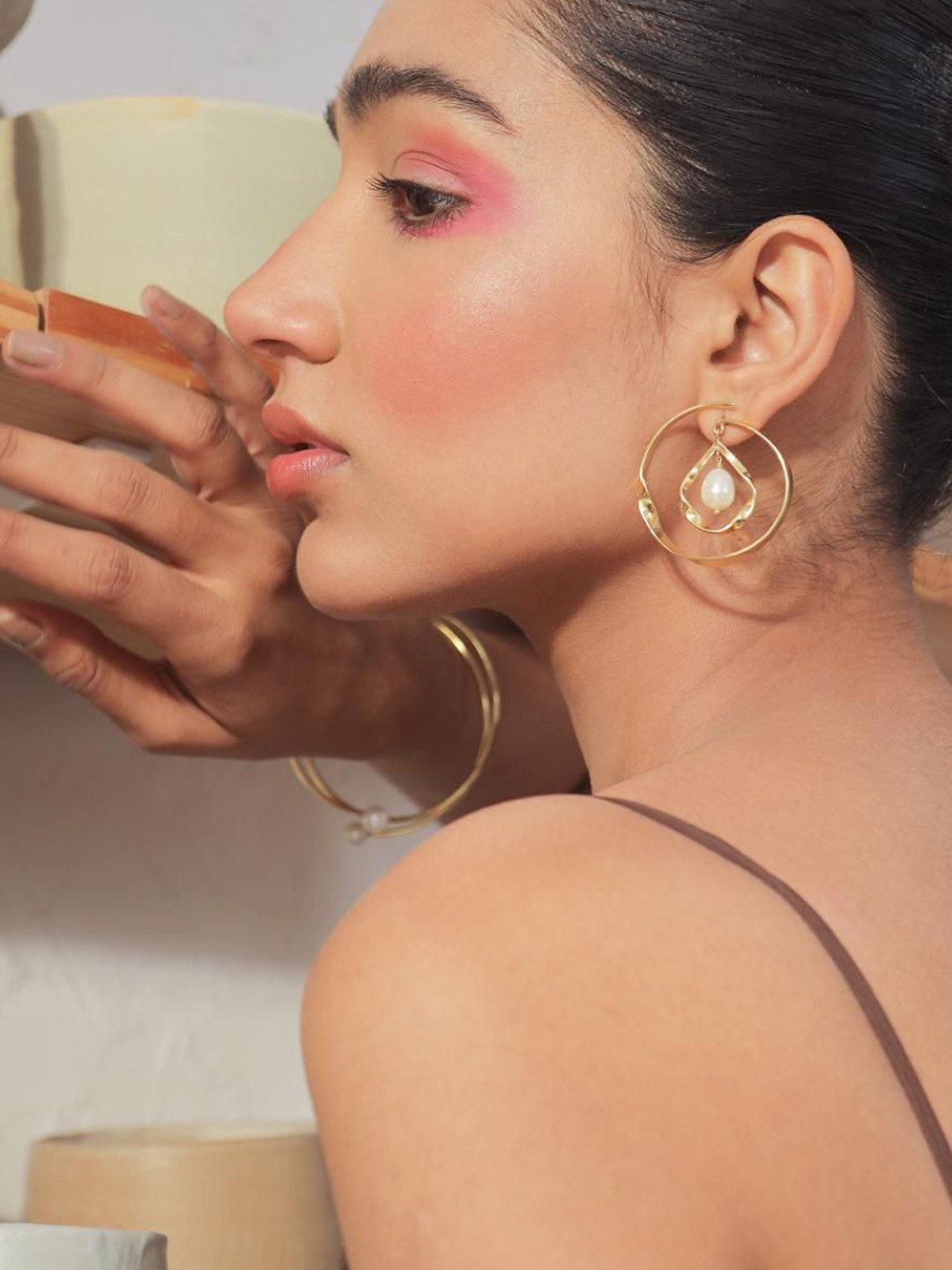 Varnika Arora Calla Gold Plated Mother Of Pearls Studded Geometric Drop Earrings