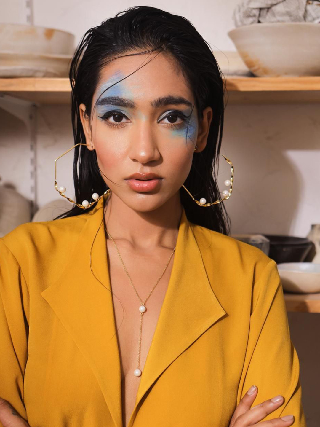 Varnika Arora Ziva Gold-Plated Mother of Pearl Studded Geometric Half Hoop Earrings