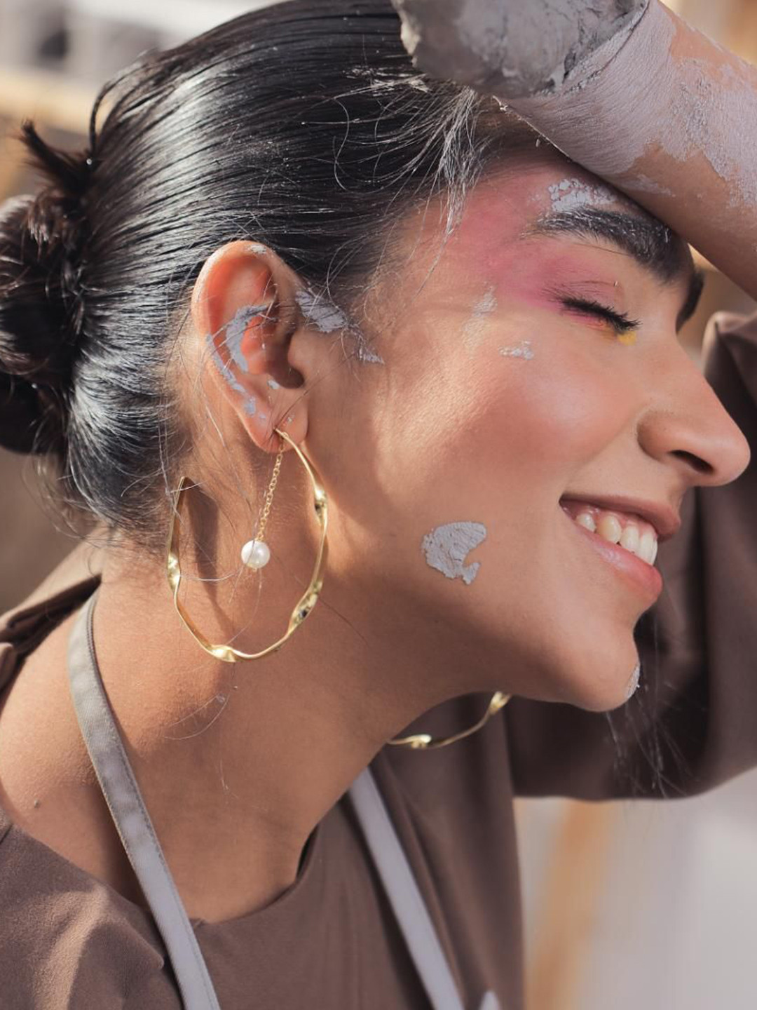 Varnika Arora Nova Gold Plated Mother Of Pearls Studded Geometric Hoop Earrings