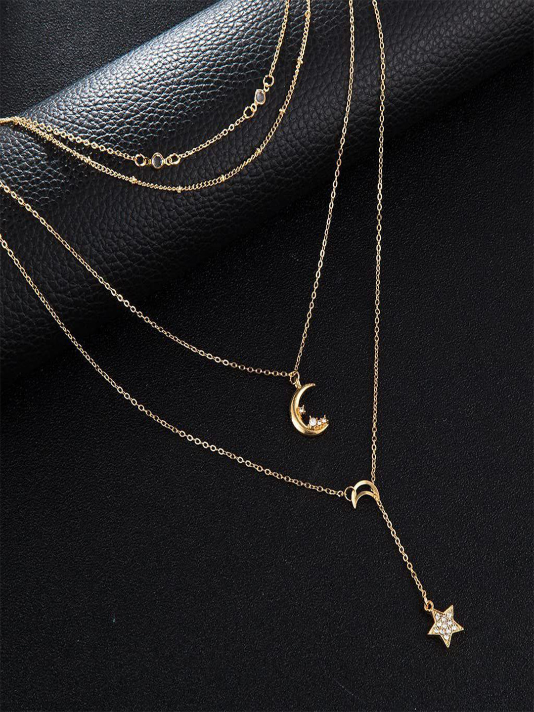 DESTINY JEWELS Brass Gold-Plated Crystals Studded Moon & Star Shaped Layered Chain