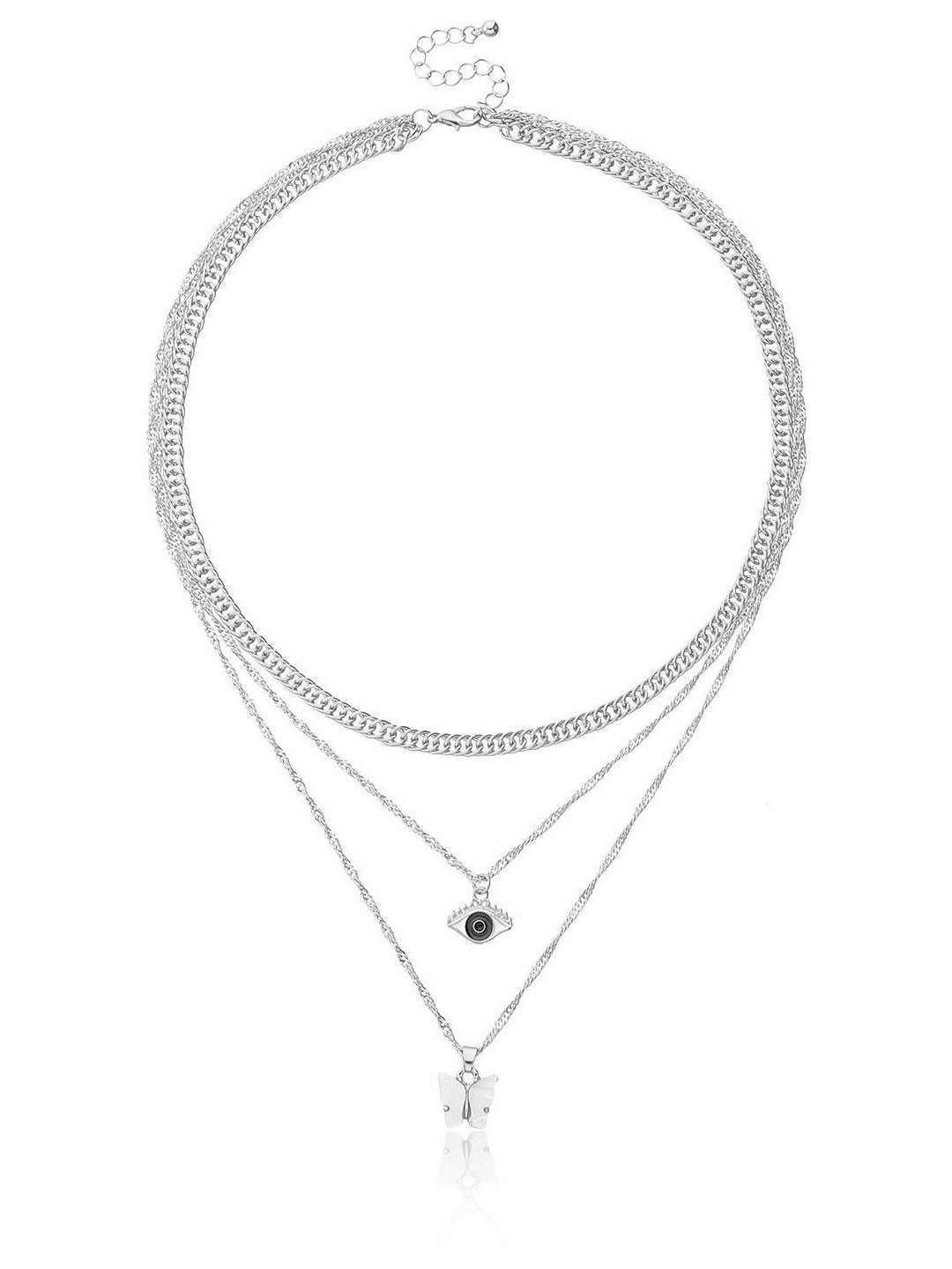 DESTINY JEWELS Silver-Plated Turkish Evil Eyes and Drop Butterfly Dcor Layered Necklace