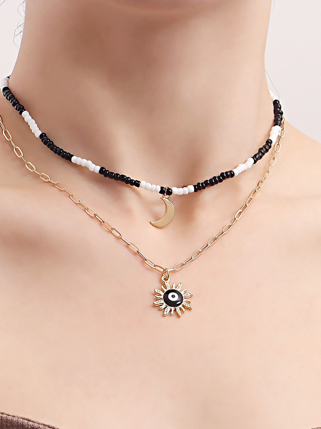DESTINY JEWELS Gold Plated Black Evil Eye With Sunflower & Moon Multilayer Necklace