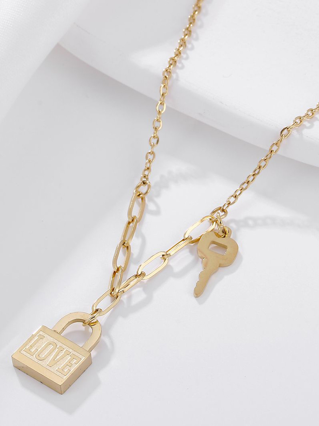 DESTINY JEWELS Stainless Steel Gold-Plated Cubic Zirconia Studded Love Lock-Key Chain