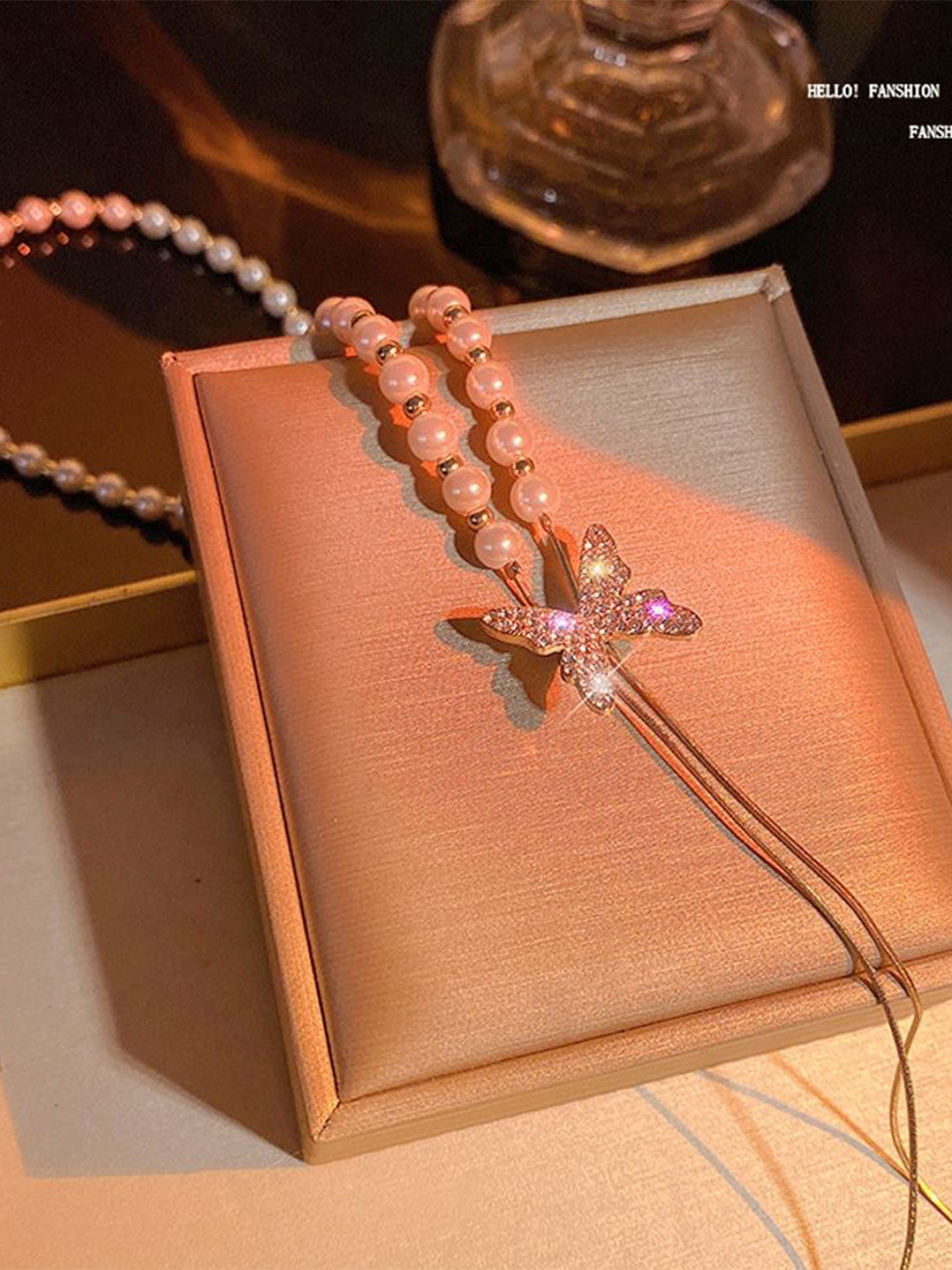 DESTINY JEWELS Gold-Plated Cubic Zirconia Studded & Pearl Butterfly Shaped Necklace