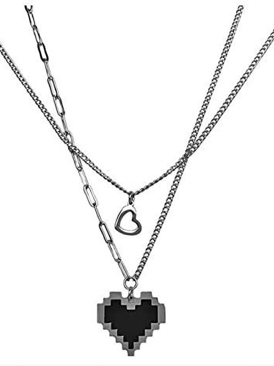 DESTINY JEWELS Set Of 2 Silver-Plated Borscht Pixelated Heart Pendant Layered Chains