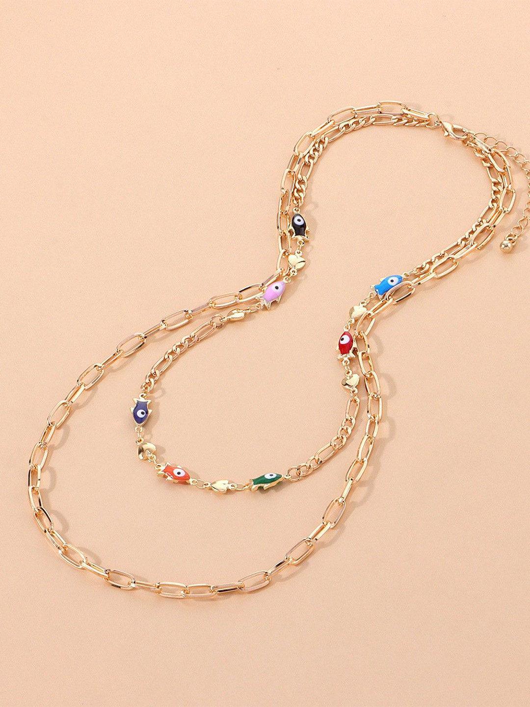 DESTINY JEWELS Gold-Plated Evil Eyes & Fish Charm Layered Chain