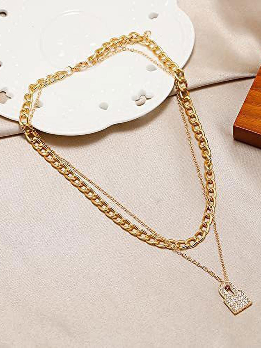 DESTINY JEWELS Gold-Plated Crystal Studded Lock Layered Nacklace