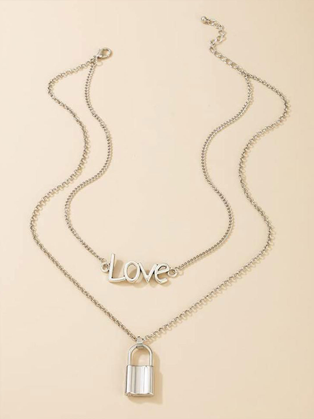 DESTINY JEWELS Brass Silver-Plated Lock & Love Shaped Layered Chain