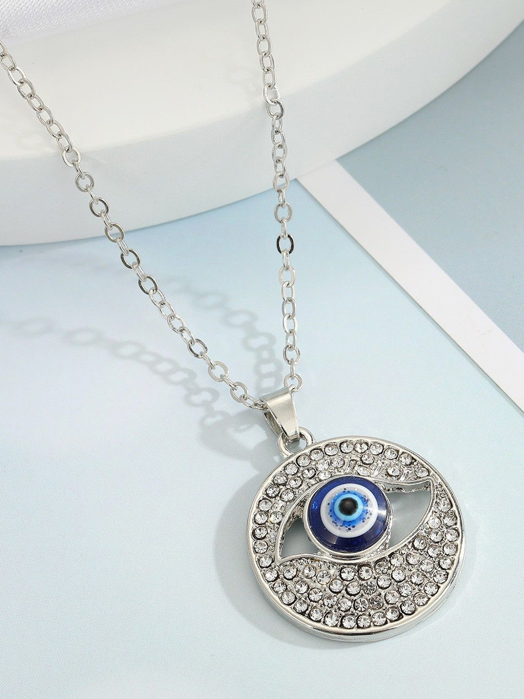 DESTINY JEWELS Silver-Plated Rhinestones Studded Evil Eye Circular Pendant With Chain