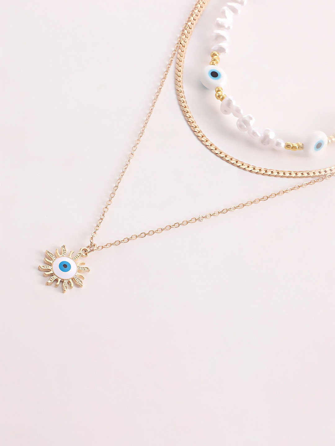 DESTINY JEWELS Gold-Plated Pearl Beaded Evil Eye Sunflower Charm Layered Chain