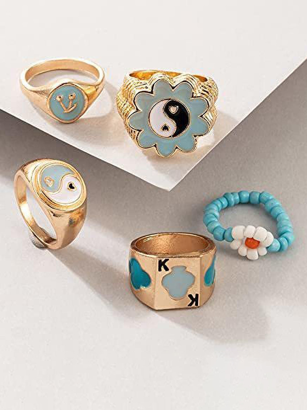 DESTINY JEWELS Set Of 5 Gold Plated Thick Dome Enamel Stackable Finger Rings