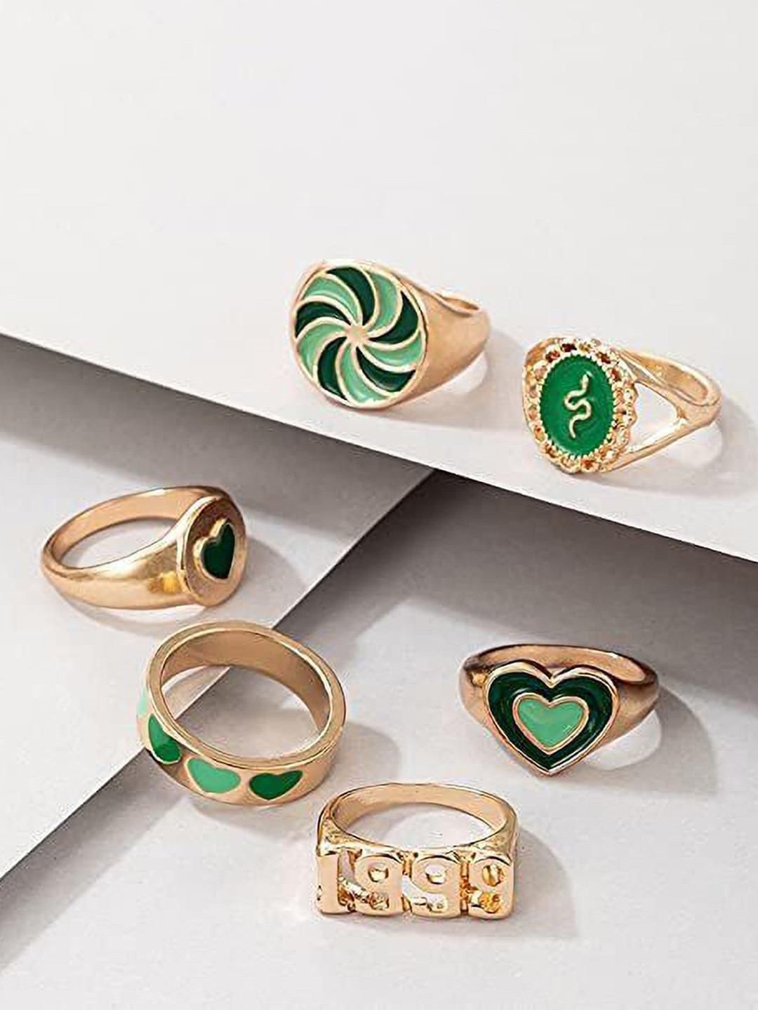 DESTINY JEWELS Set Of 6 Gold Plated Thick Dome Enamel Stackable Brass Finger Rings