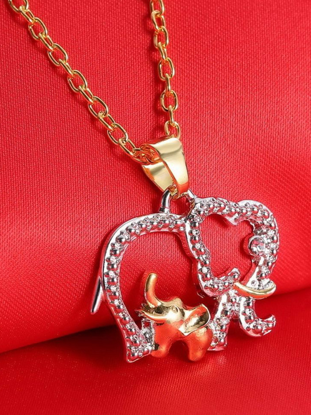 DESTINY JEWELS Gold-Plated Cubic Zirconia Studded Elephant-Shaped Pendant With Chain