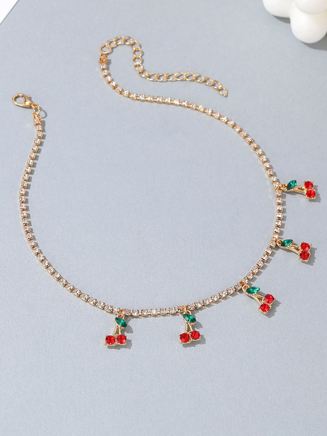 DESTINY JEWELS Brass Gold-Plated Crystal Studded Tennis Cherry Shaped Chain