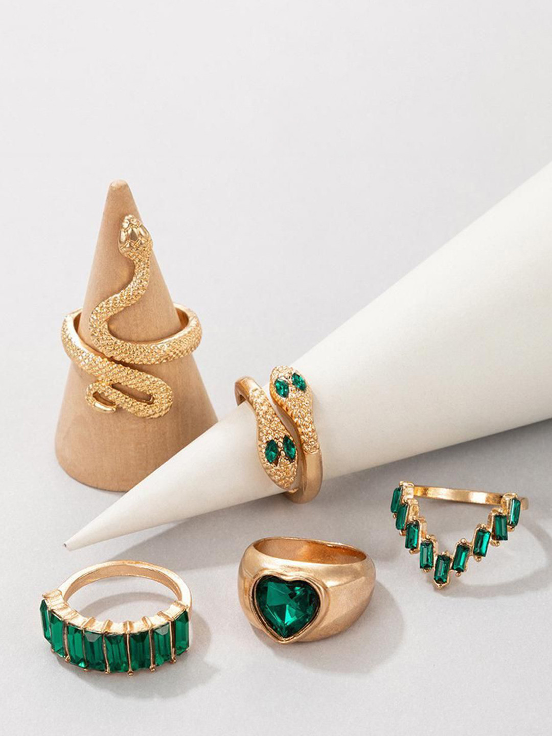 DESTINY JEWELS Set Of 6 Gold-Plated Rhinestone Studded Serpentine Decor Finger Rings