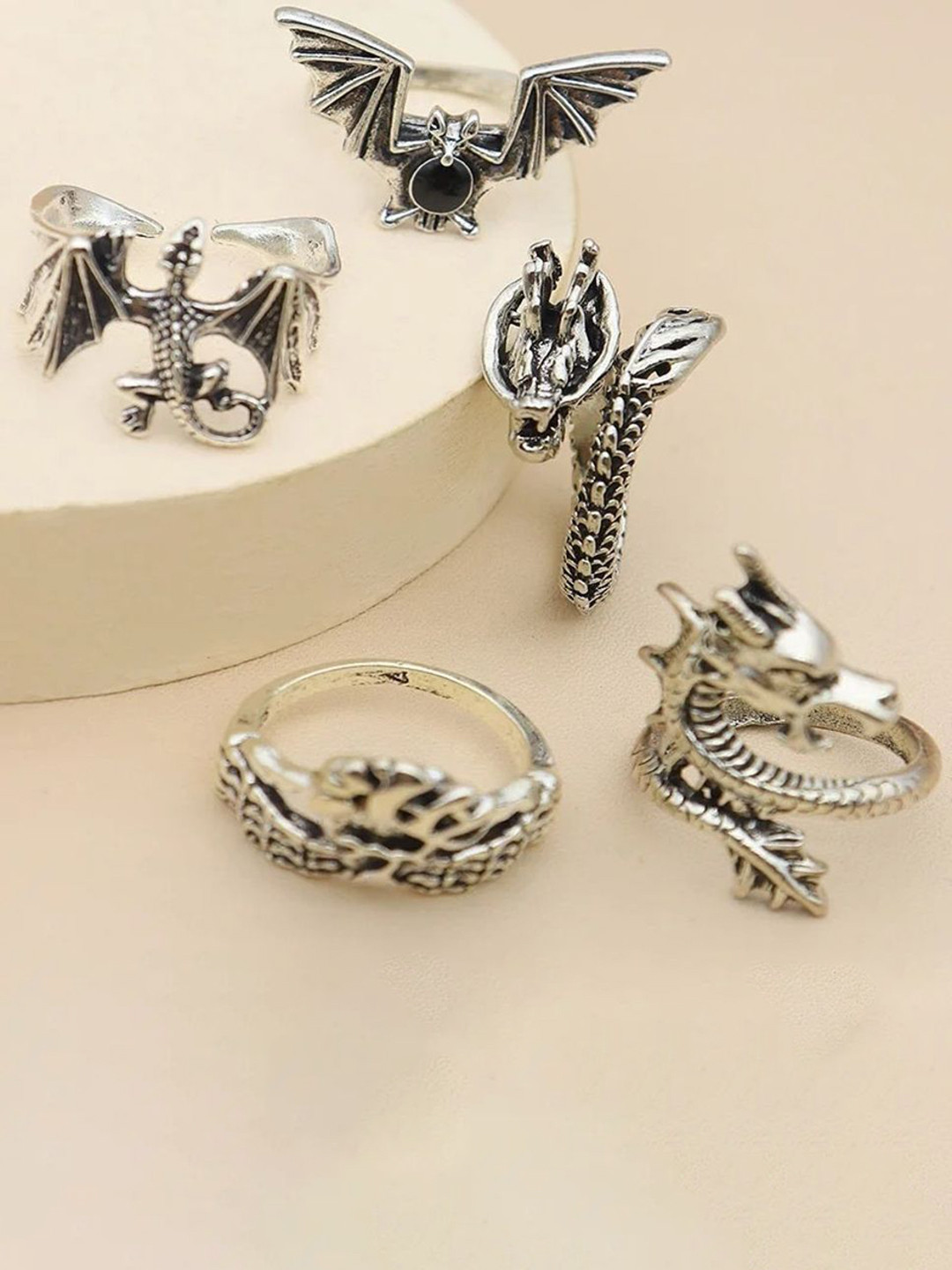 DESTINY JEWELS Set Of 5 Silver Plated Dragon Bat Wings Adjustable Finger Rings
