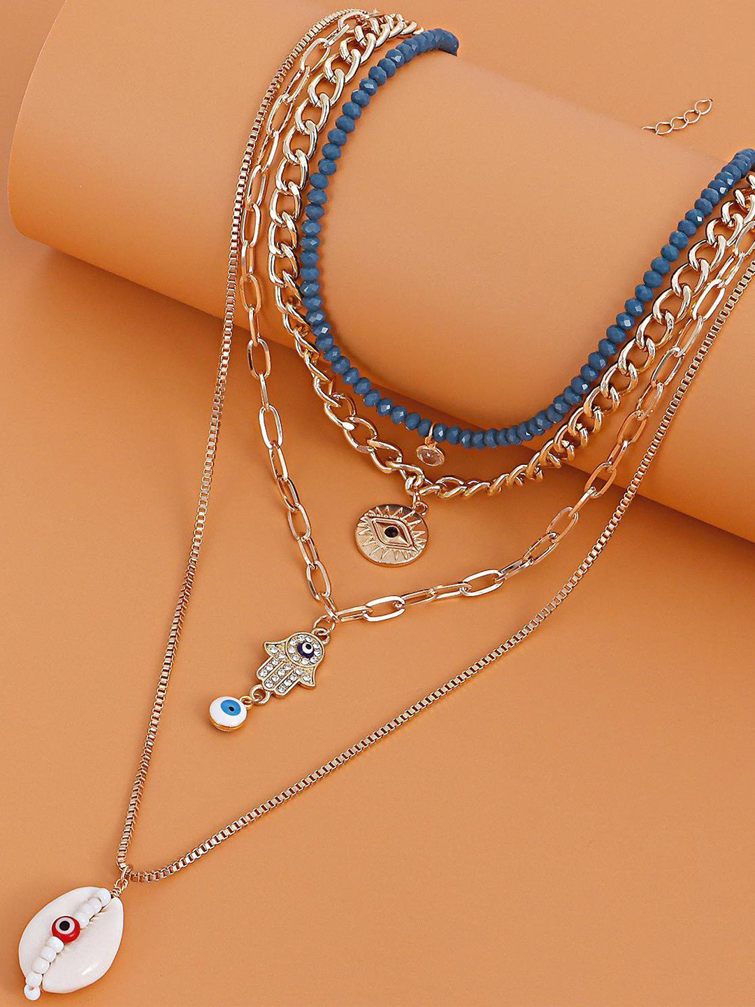 DESTINY JEWELS Gold Plated Beaded Evil Eye Multi Layered Pendant With Chain