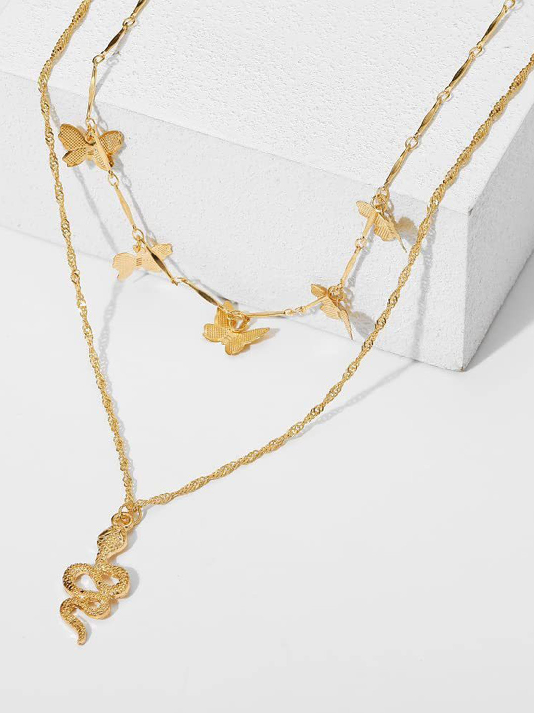 DESTINY JEWELS Gold-Plated Butterflies & Snake Shaped Layered Chain