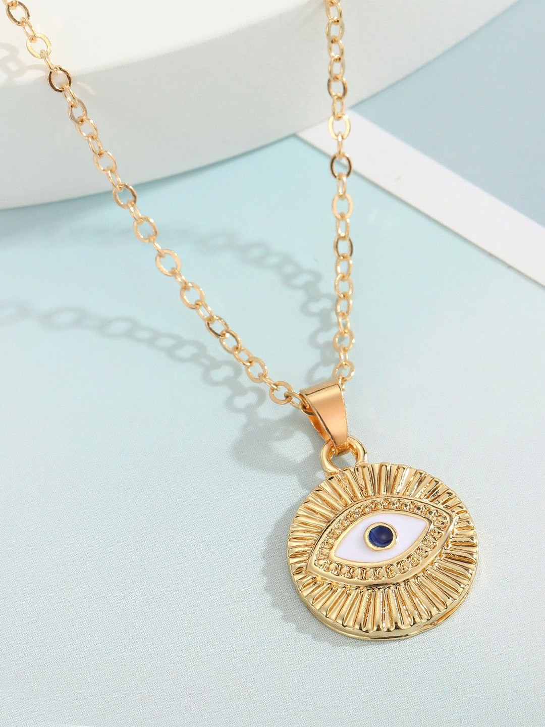 DESTINY JEWELS Gold Plated Stone Studded Stunning Circular Evil Eye Pendant With Chain