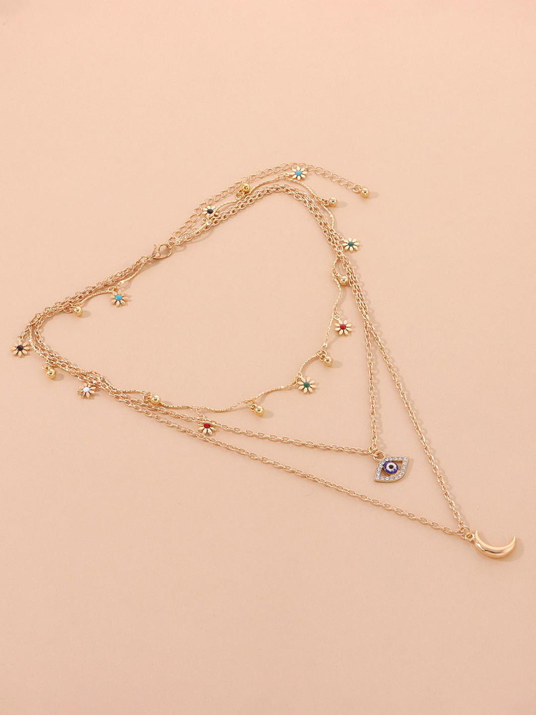 DESTINY JEWELS Gold Plated Artificial Stone Studded Evil Eyes & Drop Moon Layered Chain