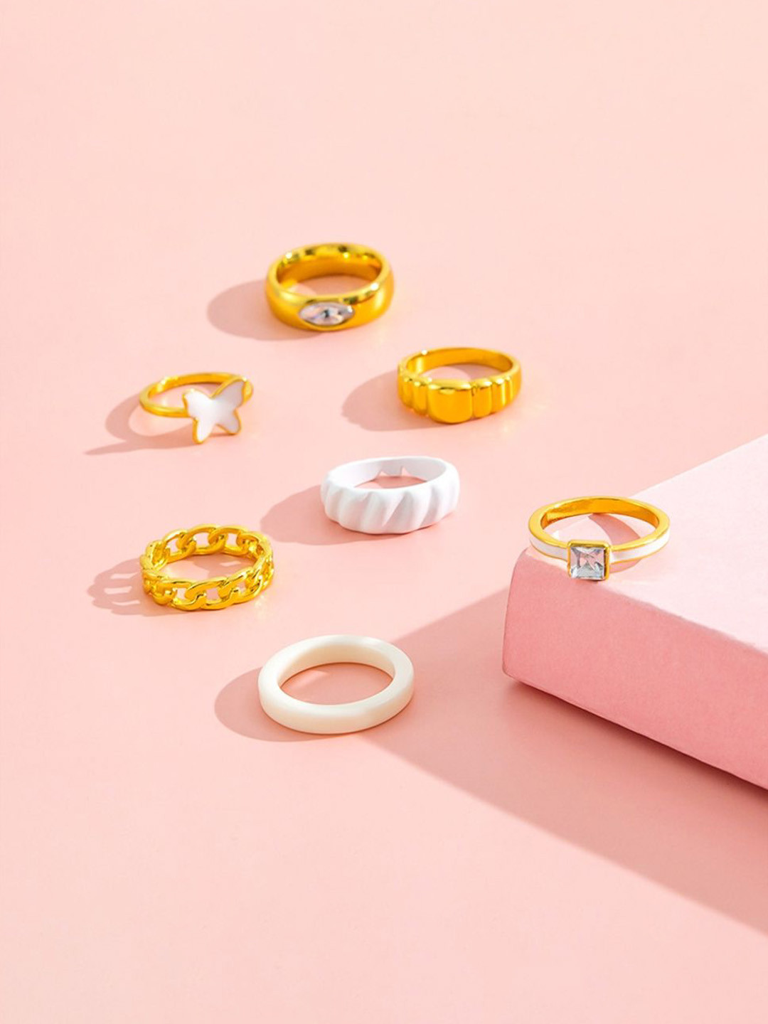 DESTINY JEWELS Set Of 7 Gold Plated Artificial Stones Studded Finger Rings