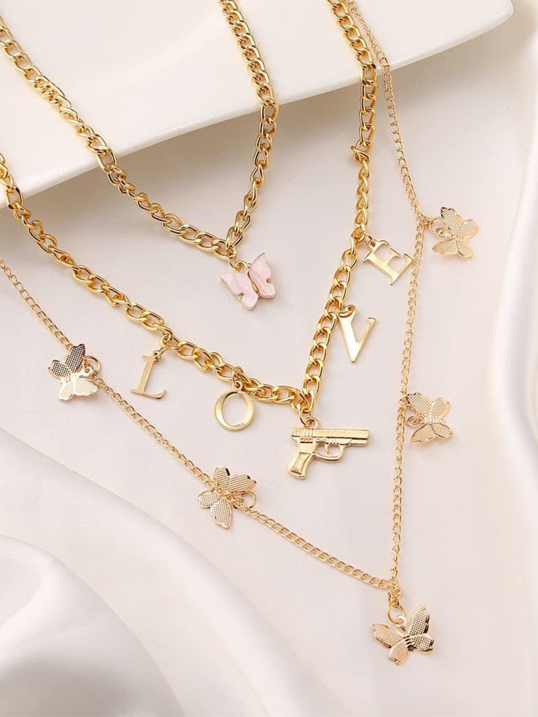 DESTINY JEWELS Gold-Plated Layered Gun Butterfly LOVE Pendant Necklace