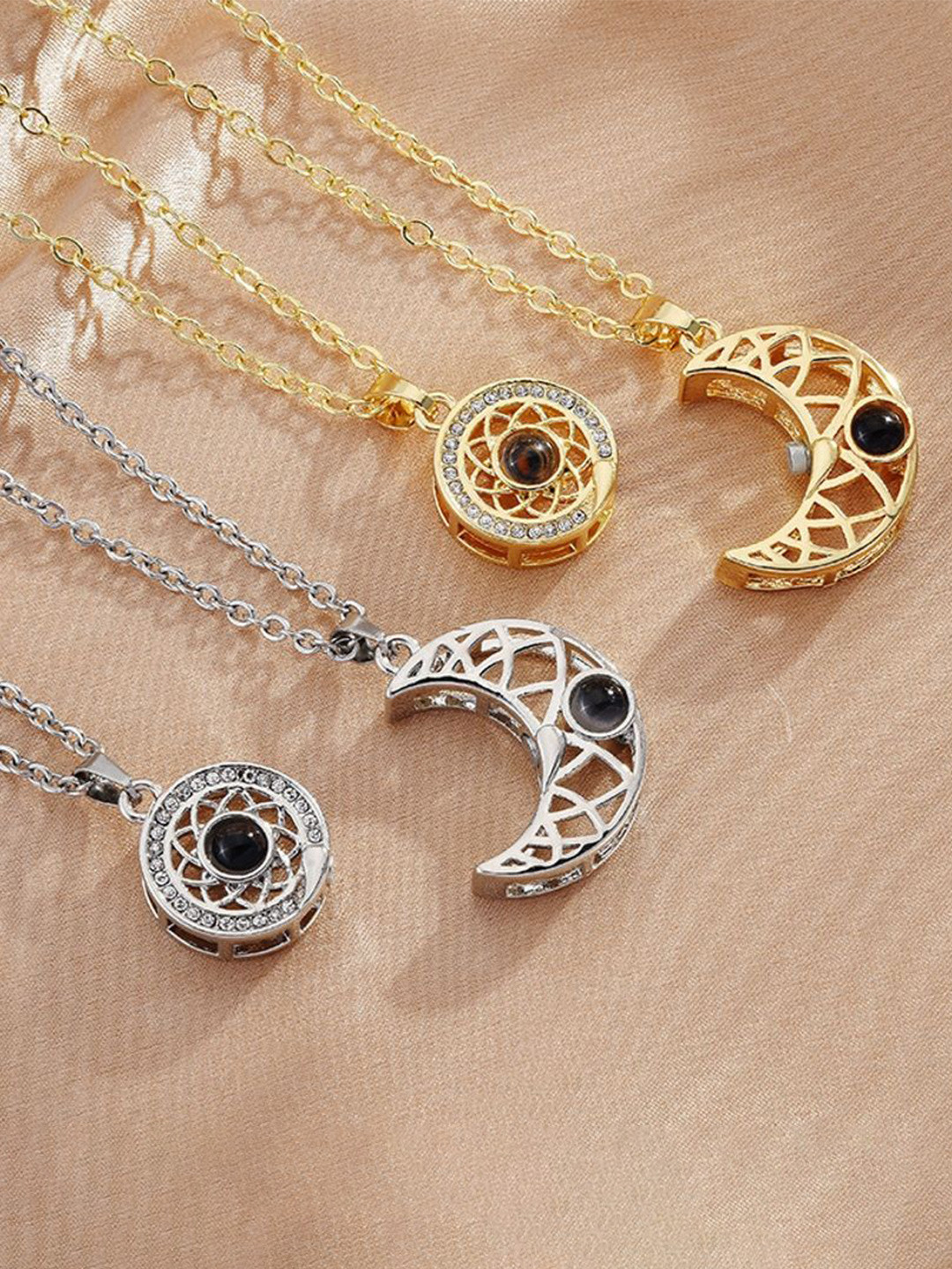DESTINY JEWELS Set Of 4 Silver & Gold Plated Couple Moon & Round Charms Pendants & Chains